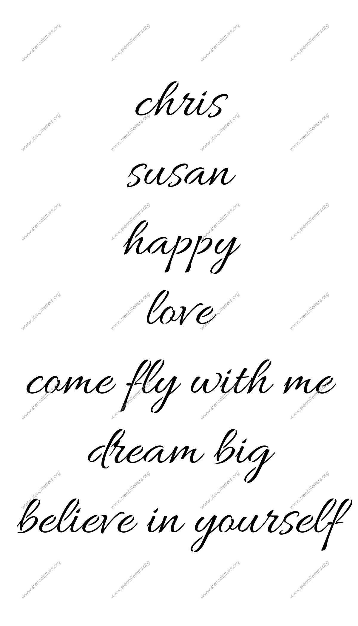 Connected Cursive lowercase stencil Names, Words, Phrases samples