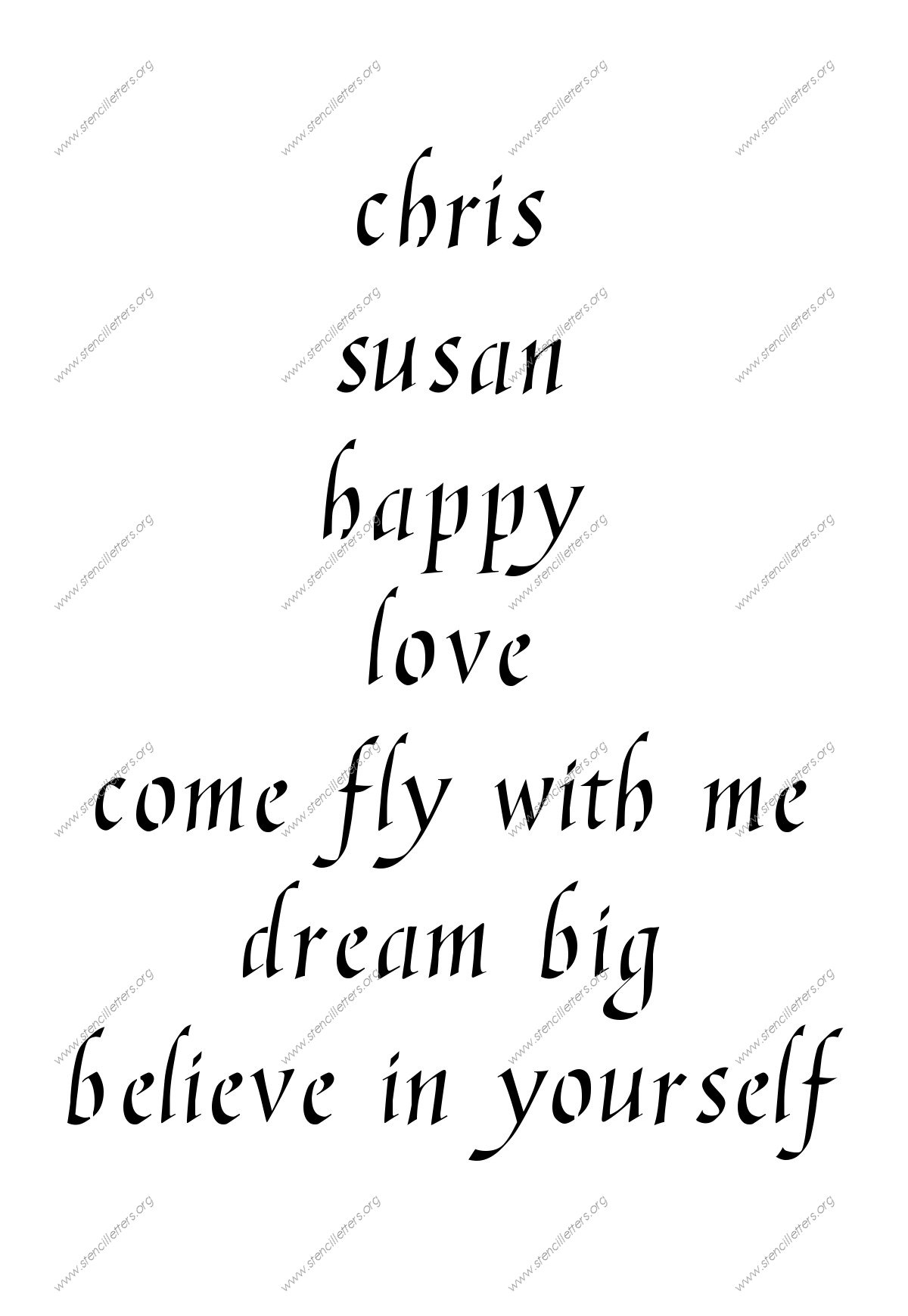 Graceful Cursive lowercase stencil Names, Words, Phrases samples
