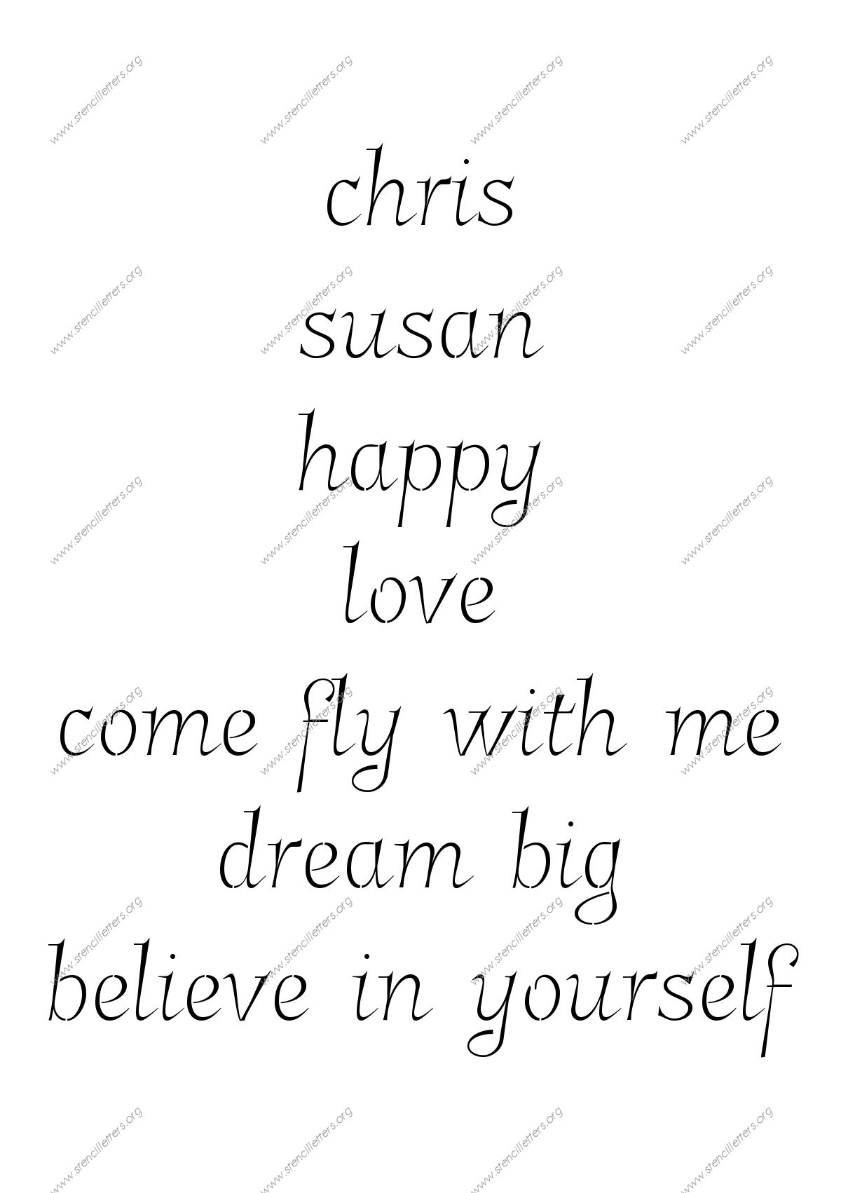 Fancy Italic lowercase stencil Names, Words, Phrases samples