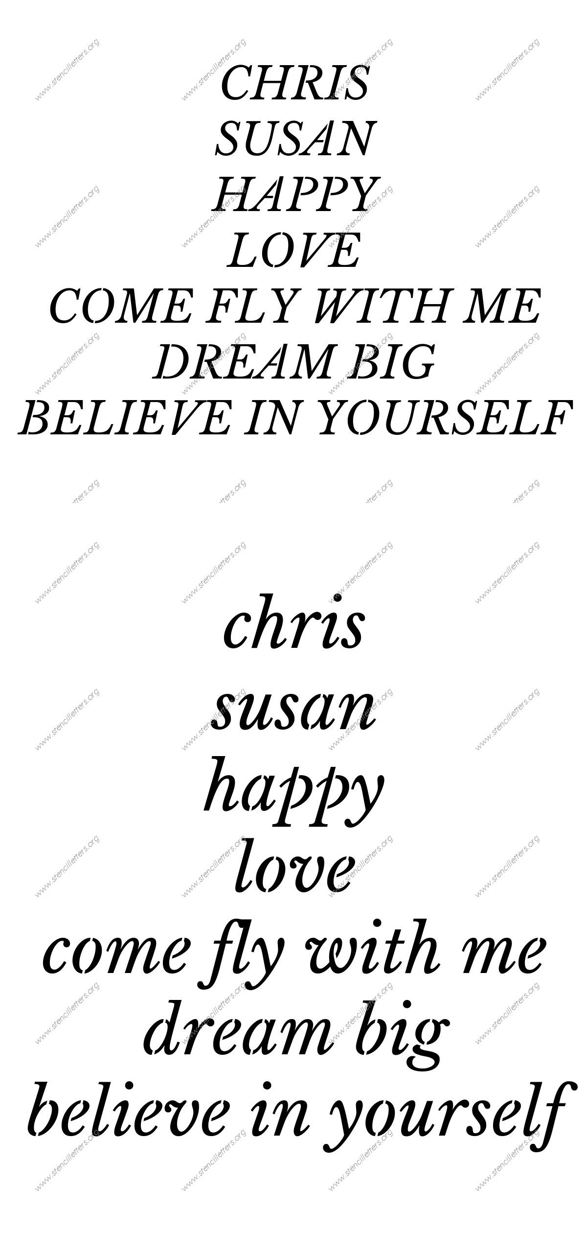 Roman Serif Italic Names, Words, Phrases samples